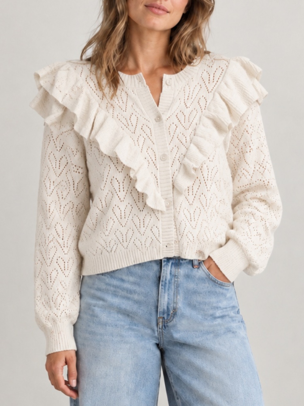 Bagatelle Collection Heart Ruffle Cardigan Sweater Ivory sz L New